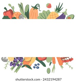 Ilustración vectorial Marco fresco de frutas de verano orgánicas de primavera. Diseño sobre fondo blanco. Menú vegetariano, volante del mercado de verduras