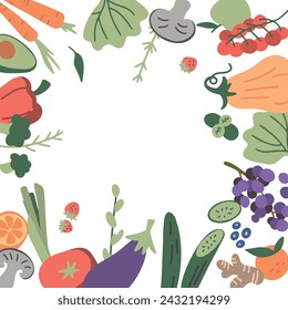 Ilustración vectorial Marco fresco de frutas de verano orgánicas de primavera. Diseño sobre fondo blanco. Menú vegetariano, volante del mercado de verduras