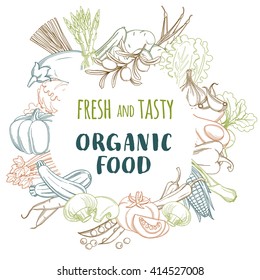 Vector illustration Fresh organic spring summer vegetables frame. Contour design. Vegetarian menu, fruits market flyer background
