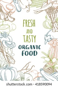 Vector illustration Fresh organic spring summer vegetables frame. Contour design on white background.Fruits market flyer