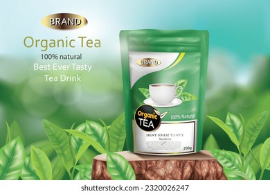 ilustración vectorial té orgánico fresco y diseño hermoso fondo al aire libre con plantas de té y hojas de té.uso para publicidad de té orgánico y diseño de etiquetas.