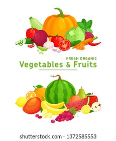 Vector illustration with fresh organic  vegetables and fruits isolated on white background. Healthy Food. Set of vegetarian sliced, full, half vegetables and fruits. Healthy lifestyle or diet concept.