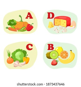 Vector illustration with fresh organic vegetables and fruits. health food. Vitamins A, B, C, D. Set of vegetarian sliced, full, half vegetables and fruits. The concept of a healthy lifestyle or diet