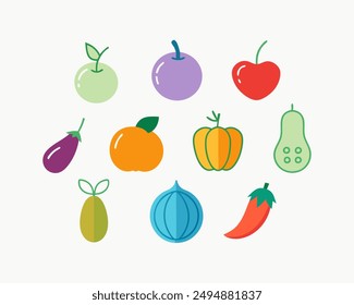 Vector illustration with fresh organic  vegetables and fruits isolated on white background. Healthy Food. Set of vegetarian sliced, full, half vegetables and fruits. Healthy lifestyle or diet concept.