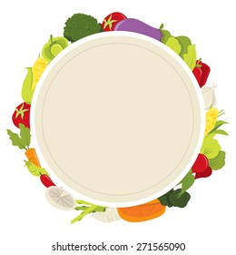 A vector illustration of fresh organic vegetables blank plate copy space.
