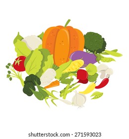 A vector illustration of fresh organic vegetables in a group like cauliflower, broccoli, peas, carrot, green pepper, red pepper, chilli, cabbage, corn, turnip, tomato and herbs.