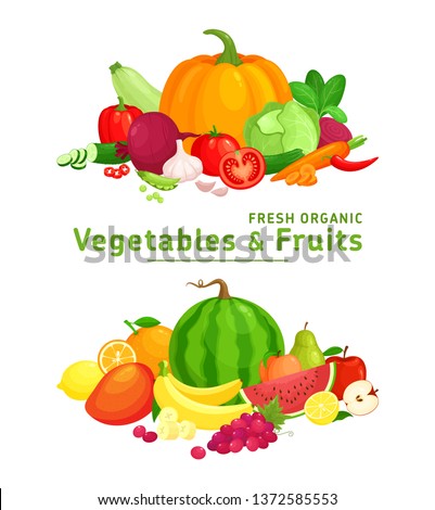 Vector illustration with fresh organic  vegetables and fruits isolated on white background. Healthy Food. Set of vegetarian sliced, full, half vegetables and fruits. Healthy lifestyle or diet concept.