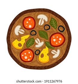 Vector illustration of fresh pizza with cheese, olives, sausage, basil, champignon. Traditional Italian fast food. European appetizer. Isolated white background. EPS10.