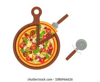 Vector illustration. Fresh pizza on the kitchen board. Slice of pizza on the scapula.