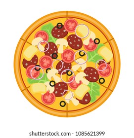 Vector illustration. Fresh pizza with tomatoes, cheese and mushrooms.