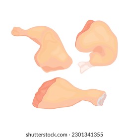 Vektorgrafik von frischen, rohen Huhn- und Hühnerteilen einzeln auf weißem Hintergrund. Brust, Flügel und Beine. Gebackenes Fleisch von ganzen Hühnern