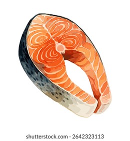 Vector illustration of a fresh raw salmon steak with skin and marbled texture. Ideal for healthy food design, seafood packaging, menu illustrations, and cooking graphics