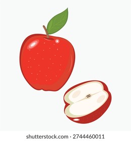 Vector illustration of fresh red apple with green leaf and half sliced apple isolated on white background.
Clean and modern vector illustration of a fresh red apple with green leaf and one half sliced apple, isolated on white background. Flat style with smooth shapes and bright colors, suitable for food packaging, organic branding, healthy food promotion, menu design, poster, banner, website, app UI, and t-shirt print.