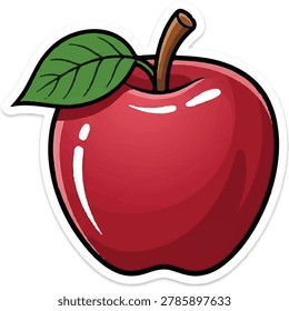 Vector illustration of a fresh red apple with a green leaf and stem, styled as a glossy cartoon sticker isolated on a white background.
