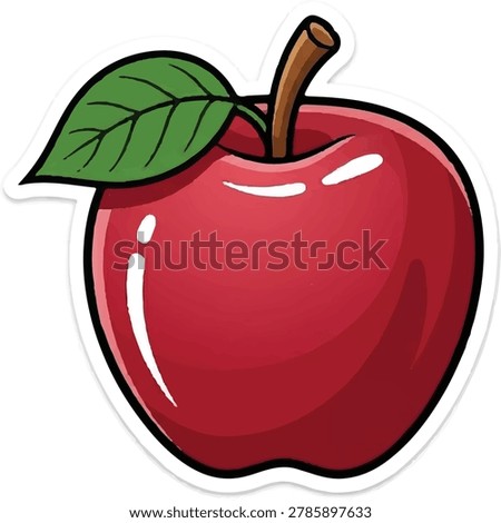 Vector illustration of a fresh red apple with a green leaf and stem, styled as a glossy cartoon sticker isolated on a white background.