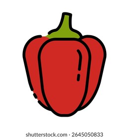 Vector illustration of a fresh red bell pepper with green stem and thick black outline, symbolizing healthy vegetable and nutrition