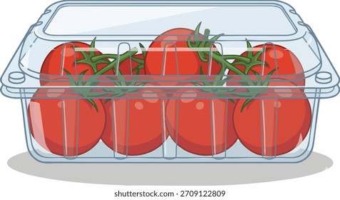 Ilustración vectorial de tomates frescos de cereza roja empacados en un recipiente de plástico transparente aislado sobre fondo blanco