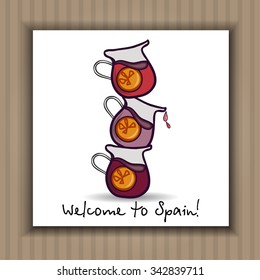 Vector illustration of fresh red citrus tasty sangria.three jugs with handle.lettering on isolated background.Cover,brochure,advertising template for restaurant or cafe menu.Spanish traditional drink