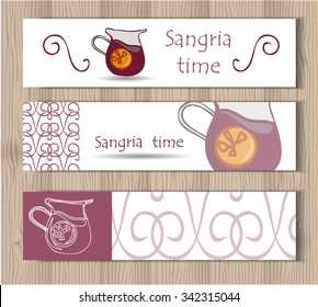 Vector illustration of fresh red home made sangria jug with handle and lettering on isolated background.Invitation,brochure,advertising template for restaurant or cafe menu.Spanish traditional drink