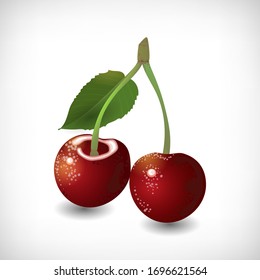 Vector illustration. Fresh red ripe shiny cherries with leaf on vignette background. Flat style. Element for web designs.