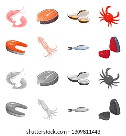 Vector illustration of fresh  and restaurant icon. Set of fresh  and marine   vector icon for stock.