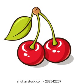 Vector illustration of fresh, ripe cherries with green leaf isolated on white