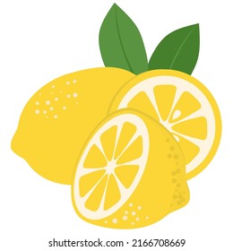Ilustración vectorial de un limón maduro fresco. Un conjunto de frutos en rodajas, mitades, rodajas o enteras, con hojas