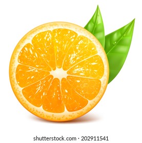 Ilustración vectorial de naranja maduro fresco con hoja.