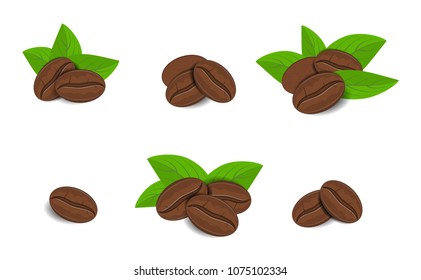  Vector illustration. Fresh roasted coffee beans with leaves.