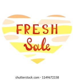 Vector illustration, fresh sale lettering on on a heart shaped striped yellow background.