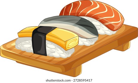 Vector illustration of fresh salmon, mackerel, and egg nigiri sushi on a wooden serving board