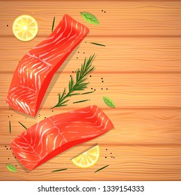 Vector illustration of fresh salmon on wooden table with green rosemary and lemons 