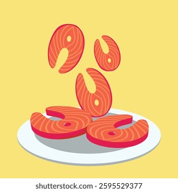 Vector illustration of fresh salmon steak slices on a plate with a minimal and modern design.