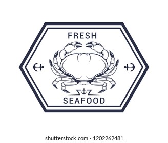 Vector illustration of the fresh seafood label and sign. Seafood restaurant badge and symbol in vintage style.