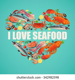 Vector illustration of fresh seafood on blue background