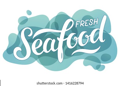 Vector illustration of Fresh Seafood text for advertisments, banners, stickers and posters. Hand drawn calligraphy, lettering, typography for logo design and branding.