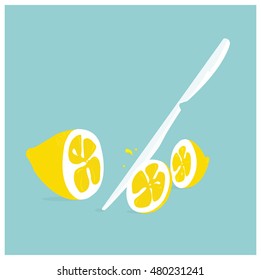 Vector illustration of a fresh sliced lemon and a knife.
