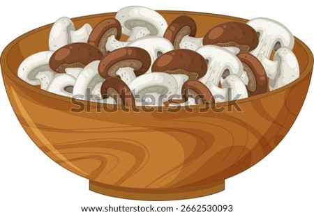 Vector illustration of fresh sliced white and brown mushrooms arranged in a natural wood grain bowl, using clean lines and flat colors
