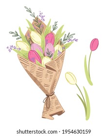 Vector illustration of a fresh sprong flower bouquet of tulips, wrapped in craft paper