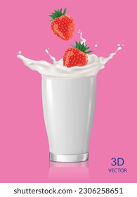 vector illustration fresh strawberries drop and milk glass splashing.3D design element on the pink color background.