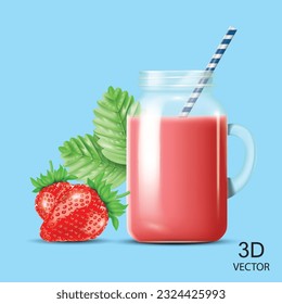 vector illustration fresh strawberries and strawberry juice glass jar with leaves design template, on the light blue color background.use for fresh fruits juice concept.