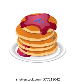 Vector illustration. Fresh tasty hot pancakes with sweet maple syrup. Cartoon icon isolated on background. Vintage restaurant sign. Eps 10