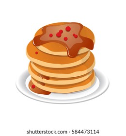 Vector illustration. Fresh tasty hot pancakes with sweet maple syrup. Cartoon icon isolated on background. Vintage restaurant sign. Eps 10