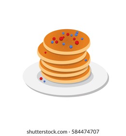 Vector illustration. Fresh tasty hot pancakes with sweet maple syrup. Cartoon icon isolated on background. Vintage restaurant sign. Eps 10