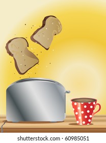 vector illustration of fresh toast popping out of a toaster and coffee in a red and white spotted mug in eps10 format