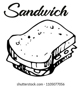 Vector illustration of fresh toast sandwich with salad, cheese and lettering in black ink