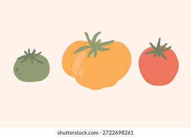 Vektorgrafik von frischen Tomaten in den Farben Rot, Gelb und Grün. Biologische und gesunde Ernährung Konzept. Ideal für Banner, Header, Landing Pages, Webdesign, Social Media und Marketingmaterialien.