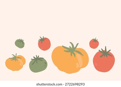 Ilustração vetorial de tomates frescos nas cores vermelha, amarela e verde. Conceito alimentar orgânico e saudável. Ideal para banners, cabeçalhos, landing pages, web design, mídias sociais e materiais de marketing.