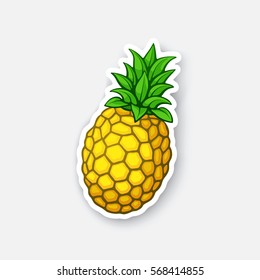 Vector illustration. Fresh tropical fruit pineapple. Healthy vegetarian food. Cartoon sticker in comics style with contour. Decoration for greeting cards, posters, patches, prints for clothes, emblems