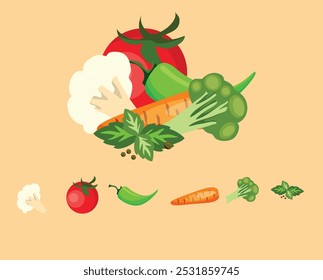 Ilustración vectorial de verduras frescas, incluyendo tomate, coliflor, zanahoria, brócoli, chile y albahaca. Perfecto para diseños de alimentos saludables, vegetarianos u orgánicos. Palabras claves: vegetales,